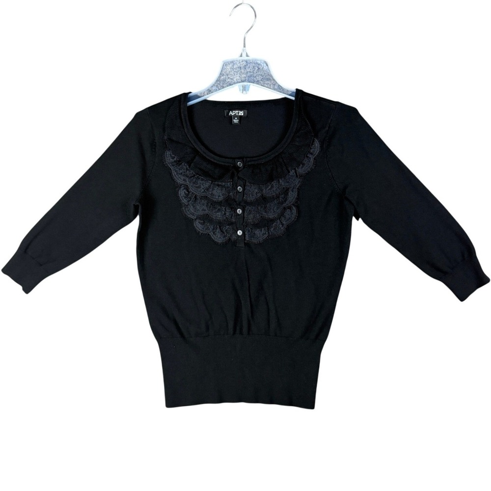 Apt 9 Womens Medium Black 3/4 Sleeve Ruffle Lace Bib Scoop Neck Knit Sweater